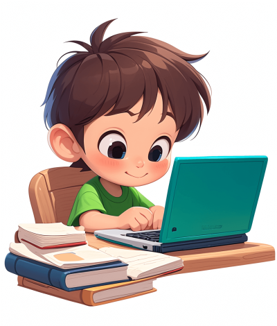 A cute little boy is sitting at a desk studying, with a laptop computer on the table, surrounded by books and papers, in the style of a cartoon illustration against a white background. The vector art uses simple lines and flat colors in a 2D digital drawing with high resolution, quality, detail and definition, along with sharp focus in a hyper realistic style for the best lighting and 3D rendering from a 45 degree perspective.