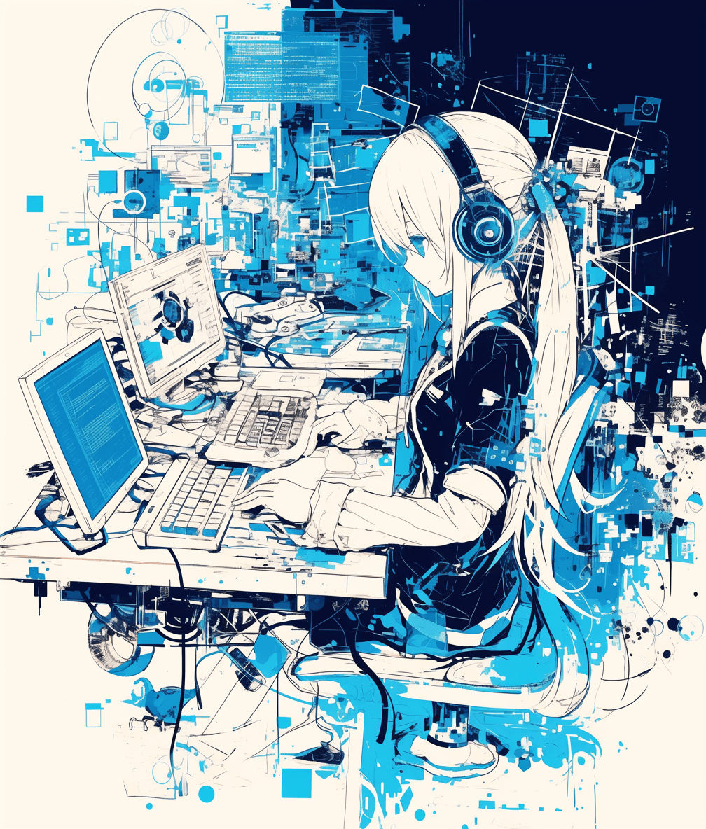 A digital art piece of an anime girl sitting at her desk, surrounded by computer screens and tech gadgets, in blue hues with white highlights, working on complex software”superg Fashion vector illustration style, full body shot, high resolution, full color, detailed background, graffiti art by driלכתoo