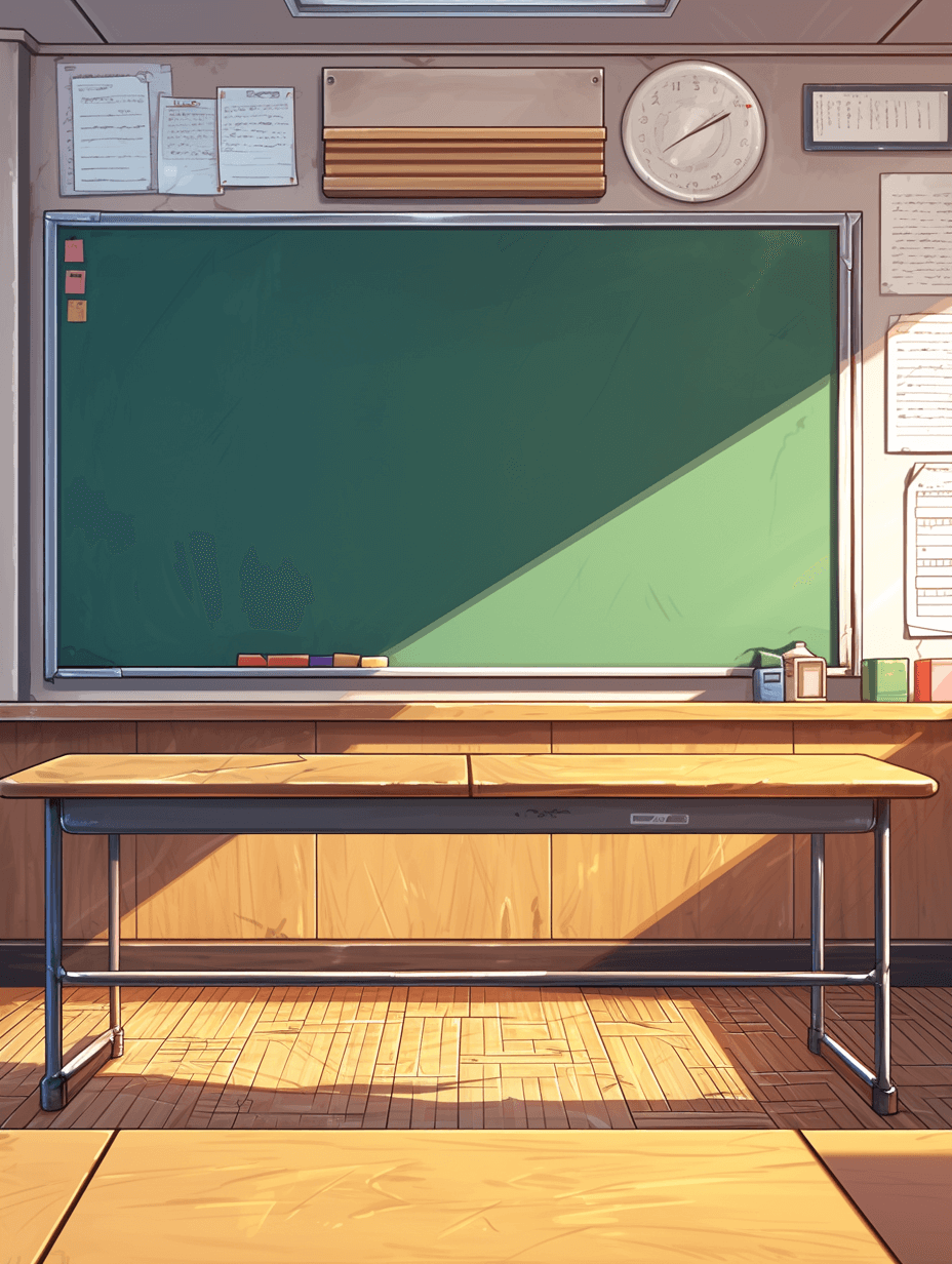 A classroom with a green chalkboard and a table in the middle of the room, in the style of anime, in the style of cartoons, vector art, flat design, simple, high contrast, low detail, solid color background, golden hour lighting, digital illustration, high resolution, high quality, high sharpness, high definition.