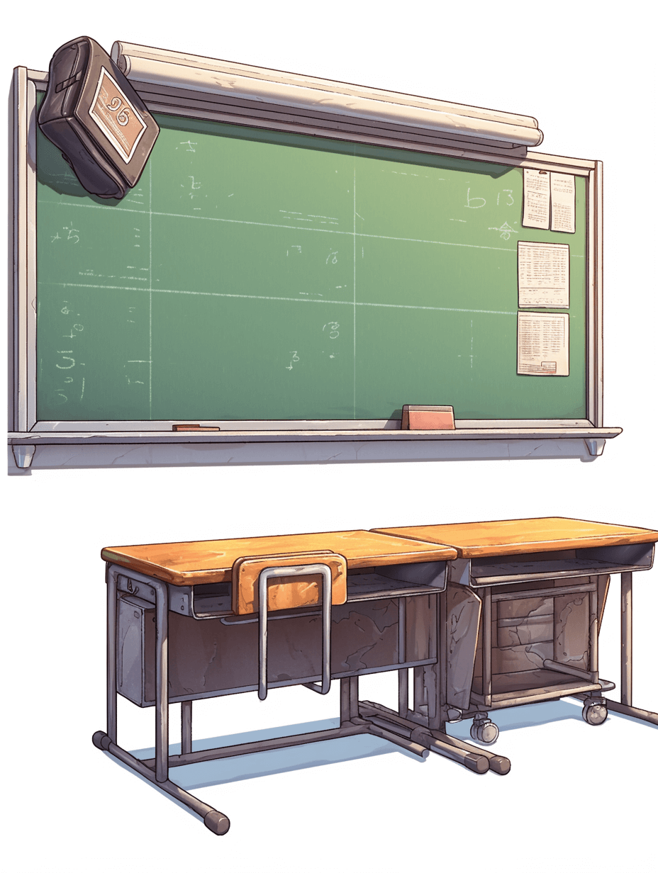 A vector illustration of an empty blackboard and desks, concept art in the style of Pixar, cgsociety, character design sheet, white background, mobile game asset