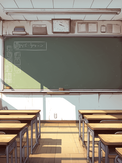 A anime style illustration of an empty classroom with a blackboard and desks, simple background, warm sunlight, muted colors, detailed, wide angle. The illustration is in the style of anime.