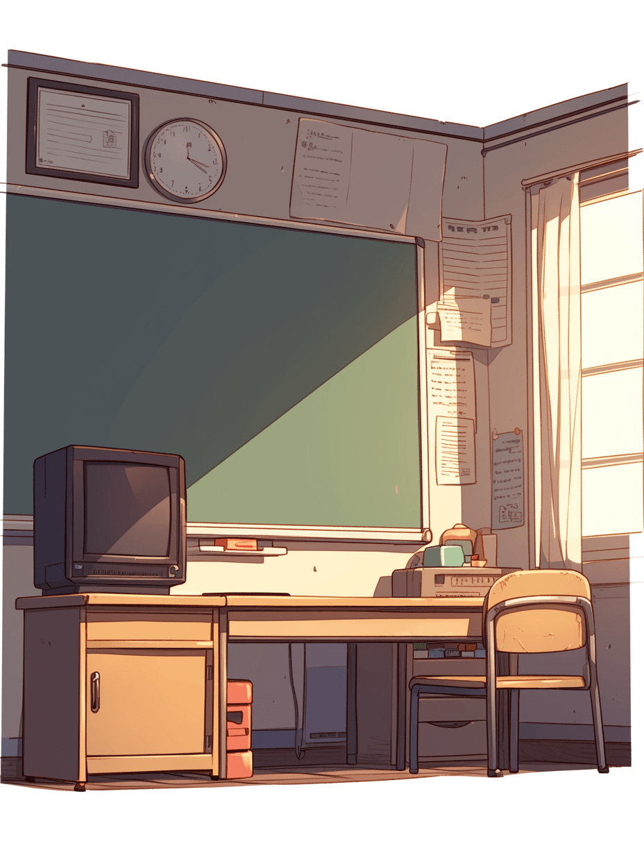 A classroom desk with an old computer and blackboard in the background, in the style of Japanese anime with simple lines, flat illustration, and simple details in warm colors and a cartoonish style. The window outside is bright, with soft sunlight shining on it. There was no student or teacher inside. Illustration Style.