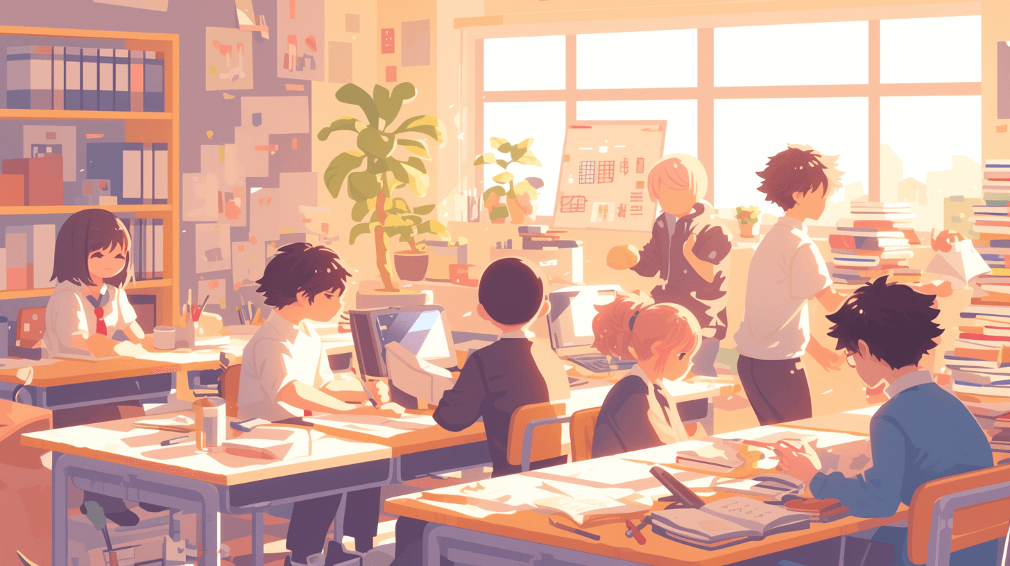 In the school classroom, several students work together to design and draw illustrations in front of their desks. The environment is bright with sunlight shining through large windows on the wall. They have various styles such as flat illustration style, anime cartoon style, and in the style of Japanese animation. There should be some books scattered around them.