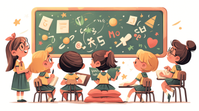 Cute cartoon style illustration of children sitting at desks in front of the blackboard, writing on chalkboards with colorful drawings and numbers. The teacher is teaching them about math symbols such as plus sign, star symbol or x mark, white background. Vector Illustration. Cartoon Style. Isolated object., Isolate, White Background.