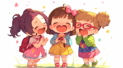 Three cute little girls laughing, in the style of chibi, colorful , white background, kawaii art, cute cartoon design, simple drawing with simple lines, colorful drawing, vector illustration with a flat design and pastel colors, high resolution with high quality and high detail, in the style of hyper realistic, professional photography with professional color grading and no contrast, soft shadows, clean sharp focus and no grainy textures, a full body shot.