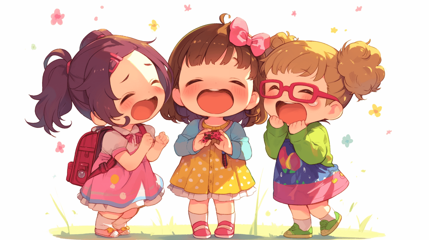 Three cute little girls laughing, in the style of chibi, colorful , white background, kawaii art, cute cartoon design, simple drawing with simple lines, colorful drawing, vector illustration with a flat design and pastel colors, high resolution with high quality and high detail, in the style of hyper realistic, professional photography with professional color grading and no contrast, soft shadows, clean sharp focus and no grainy textures, a full body shot.