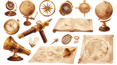 A set of clipart vector illustration elements featuring vintage maps, ancient globes and compasses, golden celestial tools like telescopes or astrolabes. Isolated on a white background, Vector Illustration, warm colors in the style of vintage maps.