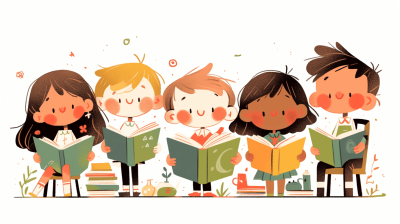 Cute cartoon illustration of happy children reading books, white background, flat design, vector art style, pastel colors, high resolution, photography, high quality, sharp focus, full body shot, wide angle lens, natural light, color grading, soft shadows, clean sharp lines in the style of professional photographers.