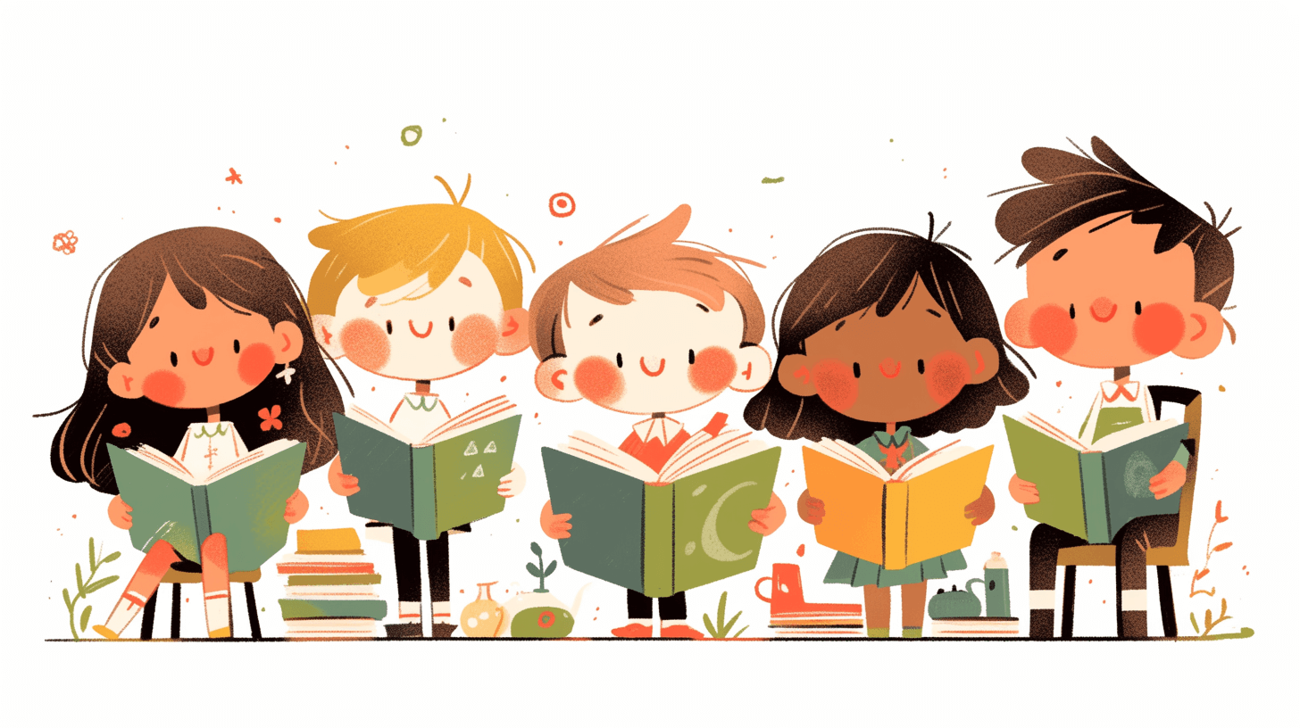 Cute cartoon illustration of happy children reading books, white background, flat design, vector art style, pastel colors, high resolution, photography, high quality, sharp focus, full body shot, wide angle lens, natural light, color grading, soft shadows, clean sharp lines in the style of professional photographers.