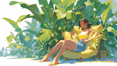 A woman in shorts and a white top is sitting on an armchair made of yellow banana leaves, in the background there are large green plants, the sun shines brightly, simple flat illustration style, pastel colors, soft lighting, in the style of [Atey Ghailan](https://goo.gl/search?artist%20Atey%20Ghailan) and [Jon Klassen](https://goo.gl/search?artist%20Jon%20Klassen).