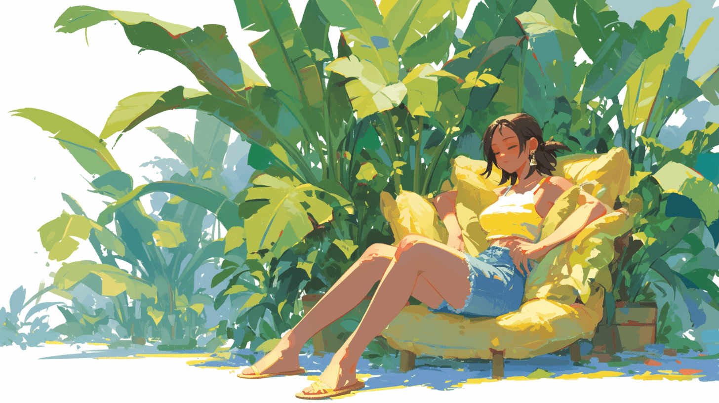 A woman in shorts and a white top is sitting on an armchair made of yellow banana leaves, in the background there are large green plants, the sun shines brightly, simple flat illustration style, pastel colors, soft lighting, in the style of [Atey Ghailan](https://goo.gl/search?artist%20Atey%20Ghailan) and [Jon Klassen](https://goo.gl/search?artist%20Jon%20Klassen).