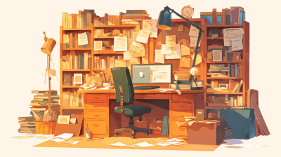 An illustration of an office desk with lots of papers and books, in the vector art style, with a cute cartoon design, using warm colors, as a detailed illustration, on a flat color background, without shadows, at a high resolution, with high details, of high quality, as a digital painting, with natural lighting, ambient occlusion, showing a strong facial expression, in the style of [Atey Ghailan](https://goo.gl/search?artist%20Atey%20Ghailan) and [Mike Mignola](https://goo.gl/search?artist%20Mike%20Mignola), as a wide shot, with a centered composition, on a pure white background.