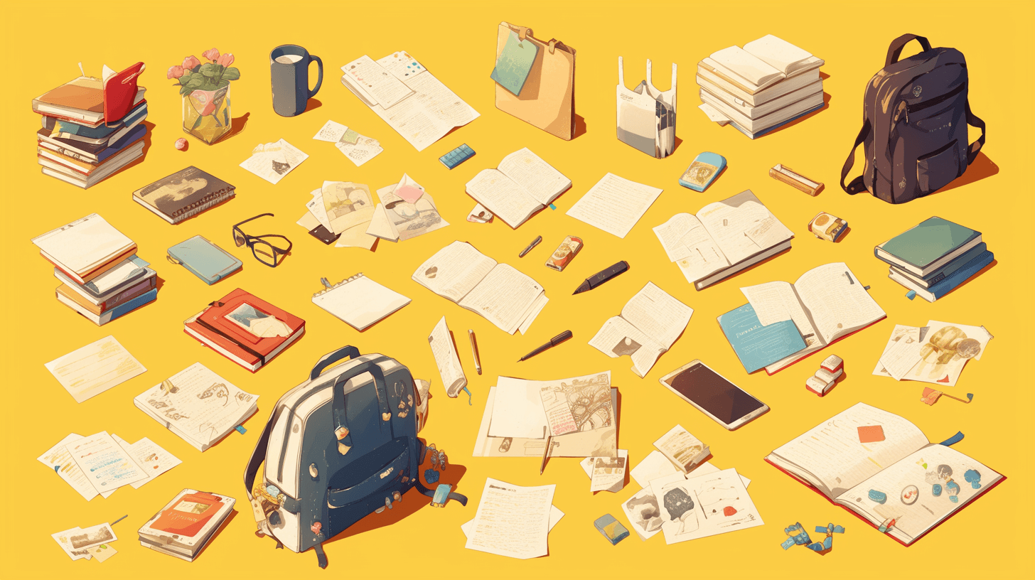 A bunch of school supplies scattered on the ground, books and backpacks, isometric view, concept art by [Atey Ghailan](https://goo.gl/search?artist%20Atey%20Ghailan) and [Mary Blair](https://goo.gl/search?artist%20Mary%20Blair), flat colors, yellow background