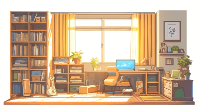 Cute room of an anime girl. There is no desk in the room. The bookshelf has many books on it. There's a small coffee table by the window with an open laptop and some other items. Simple background with warm color tones and a warm light shining through yellow curtains. The sun shines down from outside the windowsill. Cute illustration style in the flat drawing style with a simple flat drawing and high resolution with no shadows.