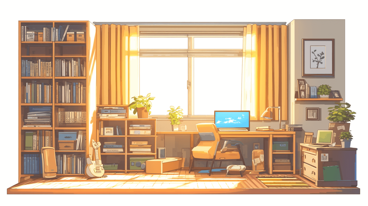 Cute room of an anime girl. There is no desk in the room. The bookshelf has many books on it. There’s a small coffee table by the window with an open laptop and some other items. Simple background with warm color tones and a warm light shining through yellow curtains. The sun shines down from outside the windowsill. Cute illustration style in the flat drawing style with a simple flat drawing and high resolution with no shadows.