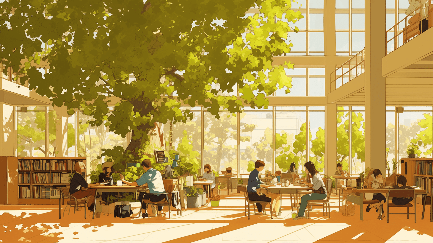 A vibrant, sunlit library was filled with students studying under large windows and surrounded by lush green trees outside. The scene captures the essence of an academic environment in the style of Ghibli’s animation. In a Scandinavian-inspired artistry, warm tones dominated, creating a cozy atmosphere that added depth to their learning experience. This illustration highlighted young people engaged in study in the midst of nature.