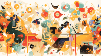 A vibrant illustration of diverse people engaged in various activities, such as working on laptops and talking over phones, with colorful illustrations representing social media icons like the share button or likes, all set against an abstract background filled with floral patterns and floating shapes, creating a lively atmosphere that captures creativity and innovation within modern digital communication. by [Tang Yau Hoong](https://goo.gl/search?artist%20Tang%20Yau%20Hoong)