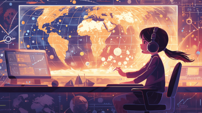 A girl with headphones is sitting at her desk, studying the earth on digital screens in front of her and working hard to make data flow seamlessly across global networks. The illustration is in a flat style, with warm colors, high resolution, and rich details. It uses a full color scheme with bright light and a wide perspective. A world map hangs above her head, filled with various charts and graphs, indicating that she is deeply engrossed in increasingly complex digital work. She has long hair tied back with earphones, in the style of an earphones.