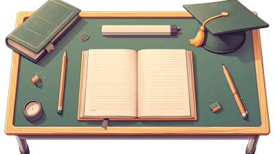 A cartoon desk with an open notebook, pencils and other stationery on it, wearing graduation caps, in the vector illustration style, flat design, high resolution, white background, top view. The table is green in color, the book has blank pages, there are also some writing tools like pens, erasers and a pencil sharpener scattered around, creating a cozy atmosphere for studying or creative work in the style.