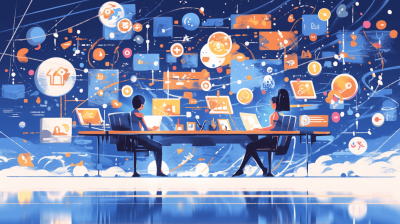 A digital illustration shows two office workers sitting at an endless table. Floating computers and monitors surround them, displaying various social media icons. Lines connect the icons in the sky above their heads. The background is a dark blue with light orange accents, creating a futuristic atmosphere. They appear focused on working together in the style of vector art, with a flat design and colorful style.