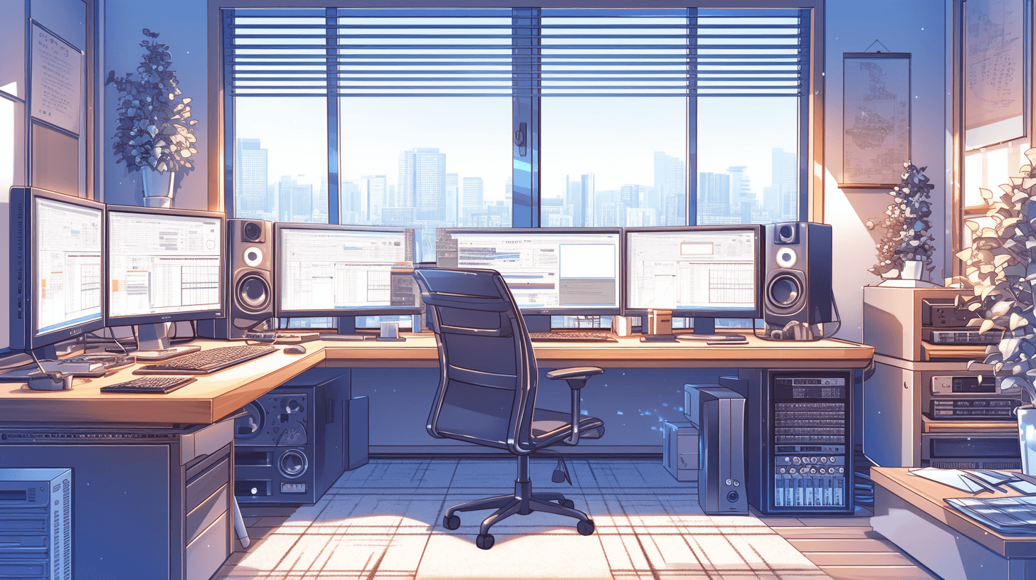 A large desk with multiple monitors, in front of the window overlooking the cityscape, is set against a background in the style of anime. The room features office chairs and a computer cabinet on one side. There are also some fresh flowers placed next to it. This scene conveys the atmosphere of work or study at home. A soft blue color scheme enhances its cozy ambiance.