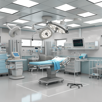 A modern and clean hospital operating room with medical equipment such as an endoscopy machine, monitor, bed, white ceiling, blue color scheme, light gray floor, and walls. The scene is welllit by two long lights hanging from the ceiling. There's no one in it., Ultrarealistic, high resolution