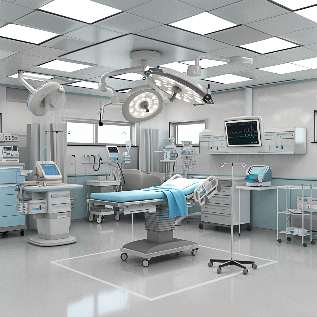 A modern and clean hospital operating room with medical equipment such as an endoscopy machine, monitor, bed, white ceiling, blue color scheme, light gray floor, and walls. The scene is welllit by two long lights hanging from the ceiling. There’s no one in it., Ultrarealistic, high resolution