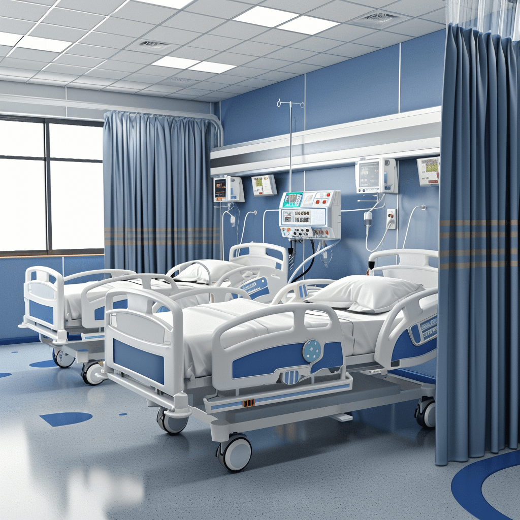 High quality rendering of a hospital room with three beds, each equipped with life support machines and monitors. The setting is clean and modern, with blue walls and curtains adding to the medical aesthetic. High resolution, realistic style, in the style of professional photography.