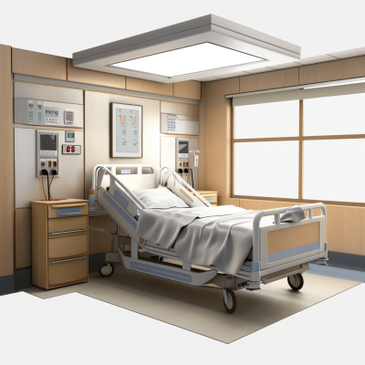 A realistic hospital room with modern medical equipment and comfortable beds, perfect for advertising or presentation. The scene includes an empty bed in the foreground, symbolizing care for patients. It is set against a light colored background to create space around it. This composition adds realism while emphasizing urban life. Photorealistic rendering with high resolution and attention to detail, suitable for promotional materials or graphic design projects.