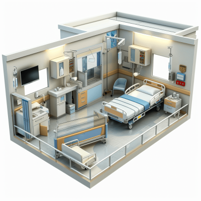 3D plan of an interior hospital room with one bed, furniture and medical equipment against a white background, in an isometric view.