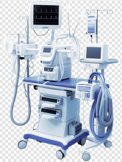The medical equipment for defibrillation was produced in white and blue colors, with various instruments such as an artificial breathing machine, brain monitor, in the style of caricature style, on a transparent background table, in a hyper realistic, hyper detailed, hyper resolution, high definition style.