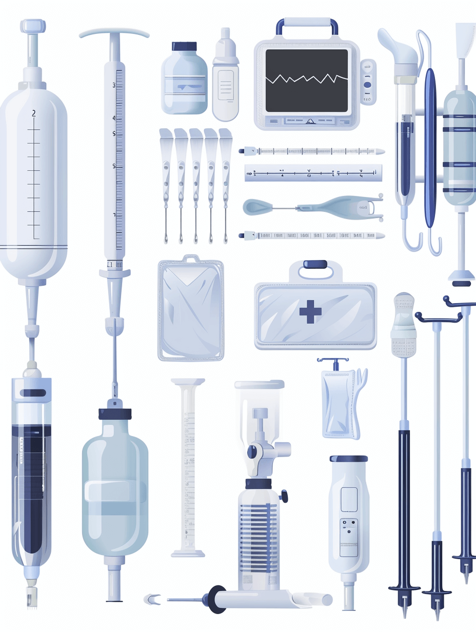 A collection of medical equipment, including IV tubes and syringes, arranged in an organized manner on white background. vector illustration. flat design.