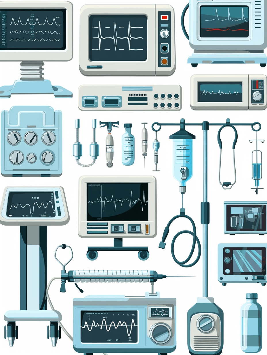 A set of vector illustrations on the theme of medical equipment, including a monitor displaying ECG lines and more in a flat design style with a white background, high resolution, no shadows, and high detail. The illustrations are in the style of hyper realistic and hyper detailed artwork with sharp focus.