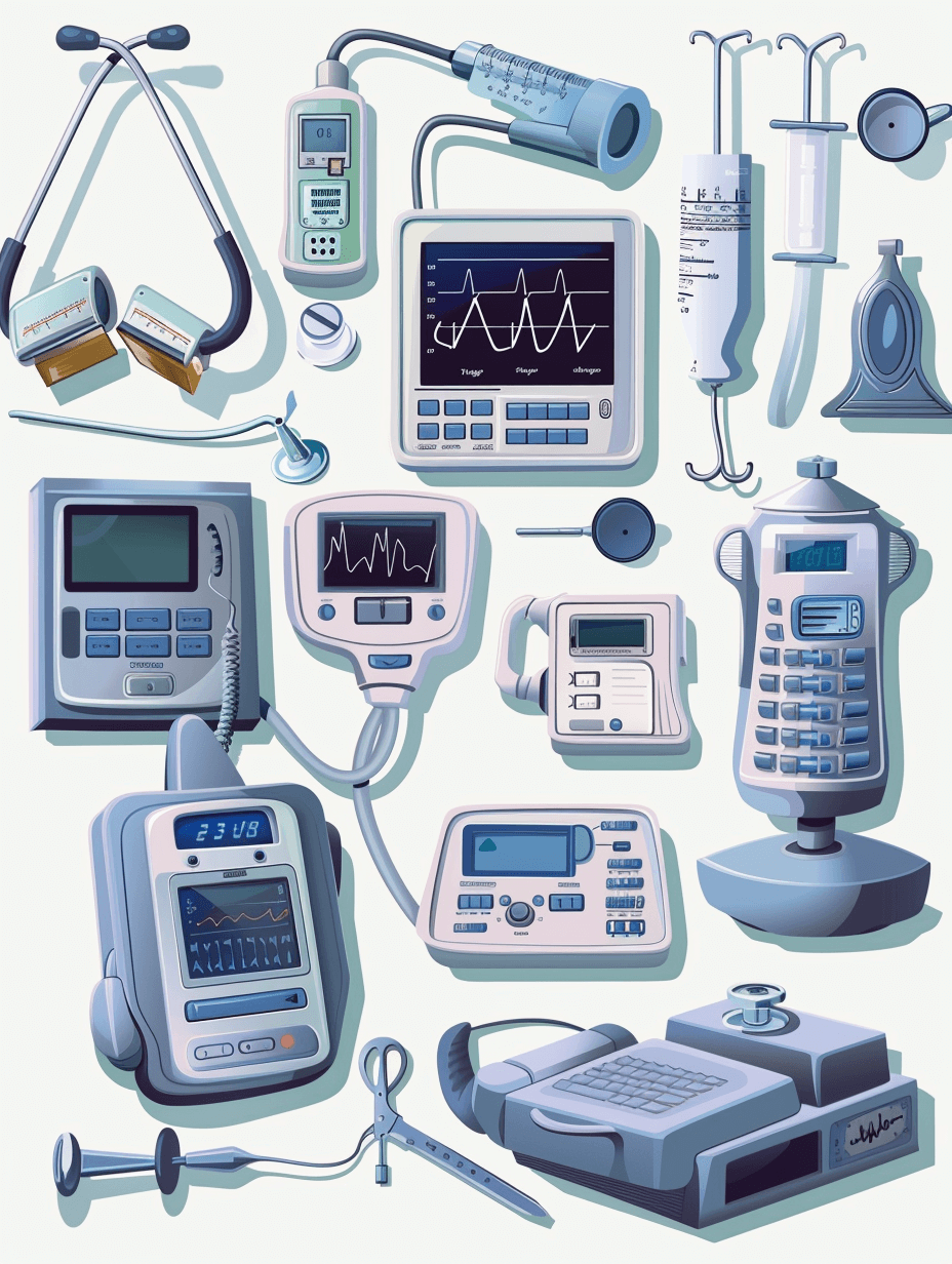 A vector illustration of various medical equipment, such as an EKG monitor and stethoscope, arranged in a grid layout on a white background. The design should have clean lines with subtle gradients to emphasize the details of each piece. It is set against a flat color backdrop for easy cutout. In the style of [John Holcroft](https://goo.gl/search?artist%20John%20Holcroft) for an Aesthetic retro poster style.