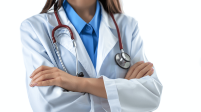 close up photo of female doctor with stethoscope arms crossed on white background, studio shot, high detail, photorealistic