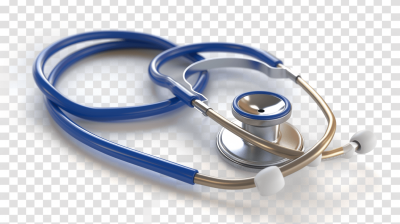 Stethoscope isolated on transparent background, png photo with white and blue st. Breaking news photos. Realistic photography. Shot in the style of Nikon D850 with an 2470mm f/3.0 lens at F8 aperture setting, ISO 600 for fine detail capture and natural look, depth of field set to 9. This highresolution photograph is captured using Sony Alpha A7 III camera with extreme realism.