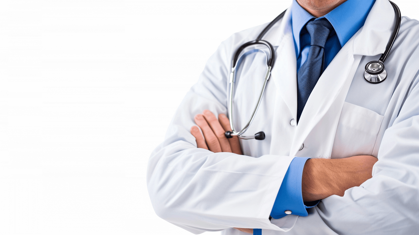 male doctor with stethoscope arms crossed isolated on white background, detailed, natural light, sharp focus, studio shot, high resolution, high quality image in the style of 20k.