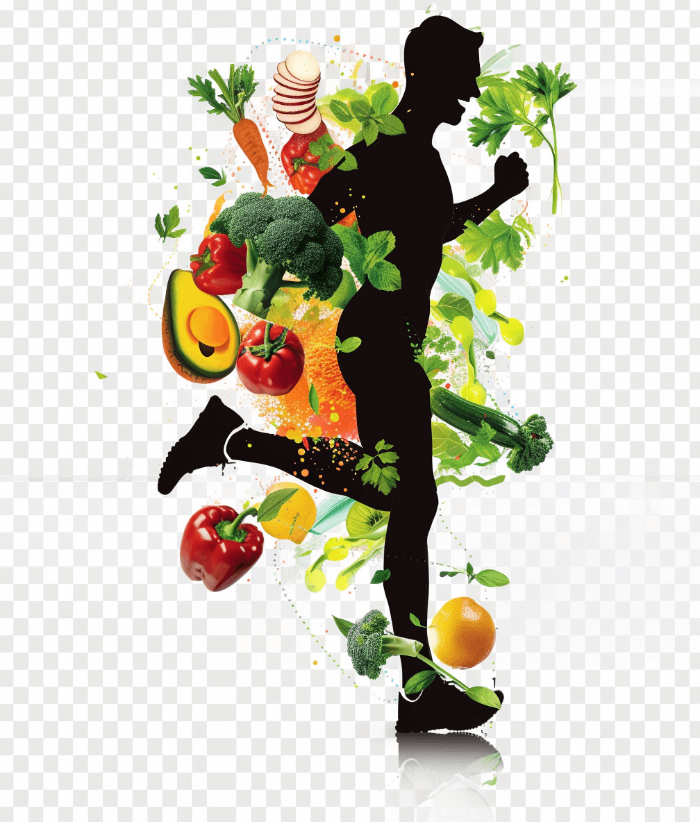 A silhouette of an athlete running with healthy food elements such as vegetables and fruits, transparent background, png format, high resolution