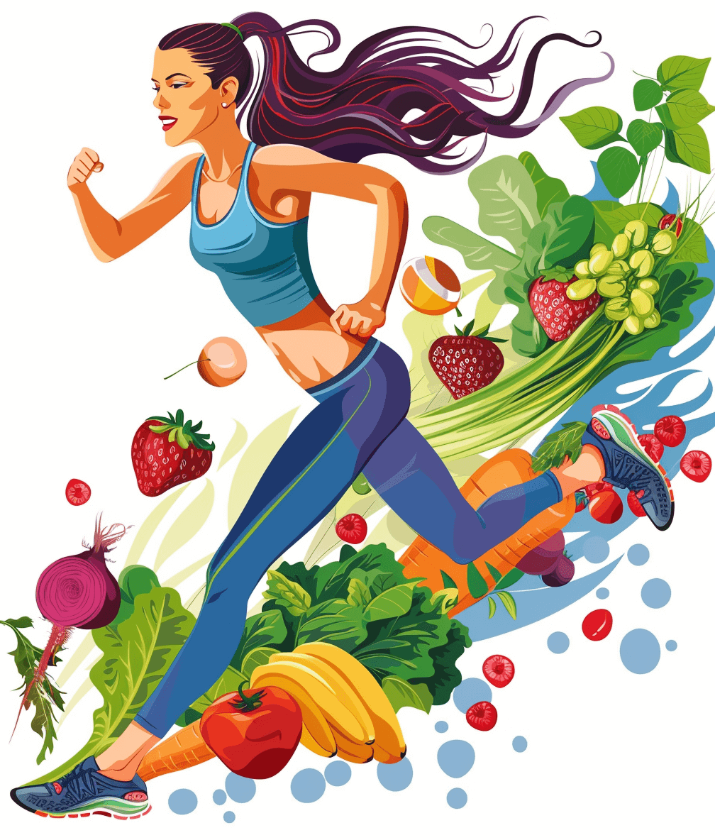 Illustration of a woman running with fruits and vegetables against a white background in the style of vector art. The image has a healthy lifestyle theme with vibrant colors and is highly detailed at a high resolution.