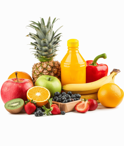 A colorful array of fruits and vegetables such as pineapples, apples, bananas, blueberries, oranges and strawberries surrounded in the style of an orange juice bottle against a white background with high resolution photography appearing realistic in a professional color graded stock photo with clean sharp focus and high quality.