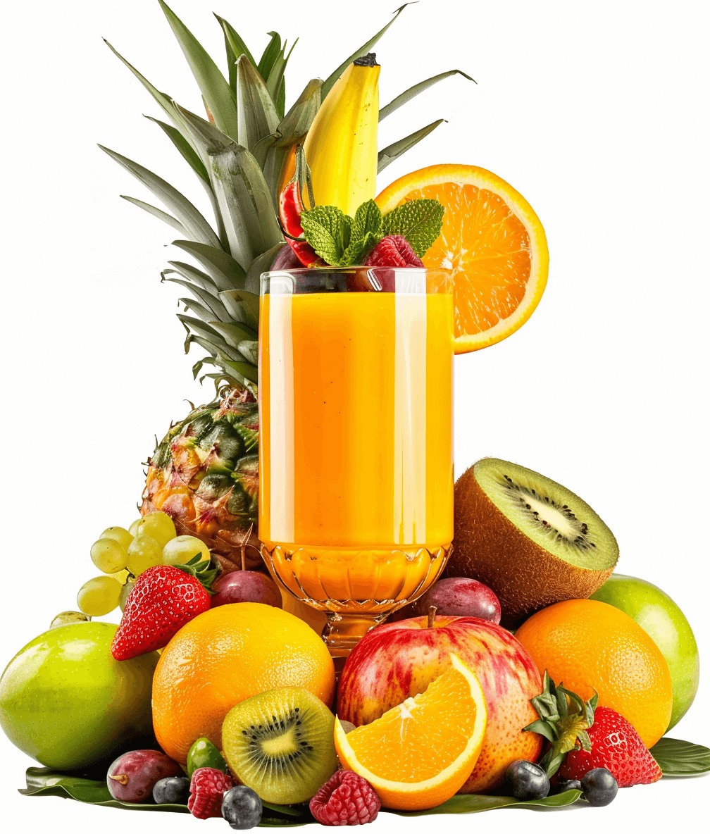 A glass of orange juice surrounded by various fruits, with pineapple and kiwi in the background, isolated on a white background, in the style of photo realistic, high resolution photography, with high quality details, high definition.