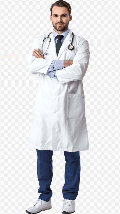 male doctor in white coat with stethoscope, blue pants and shoes, transparent background png