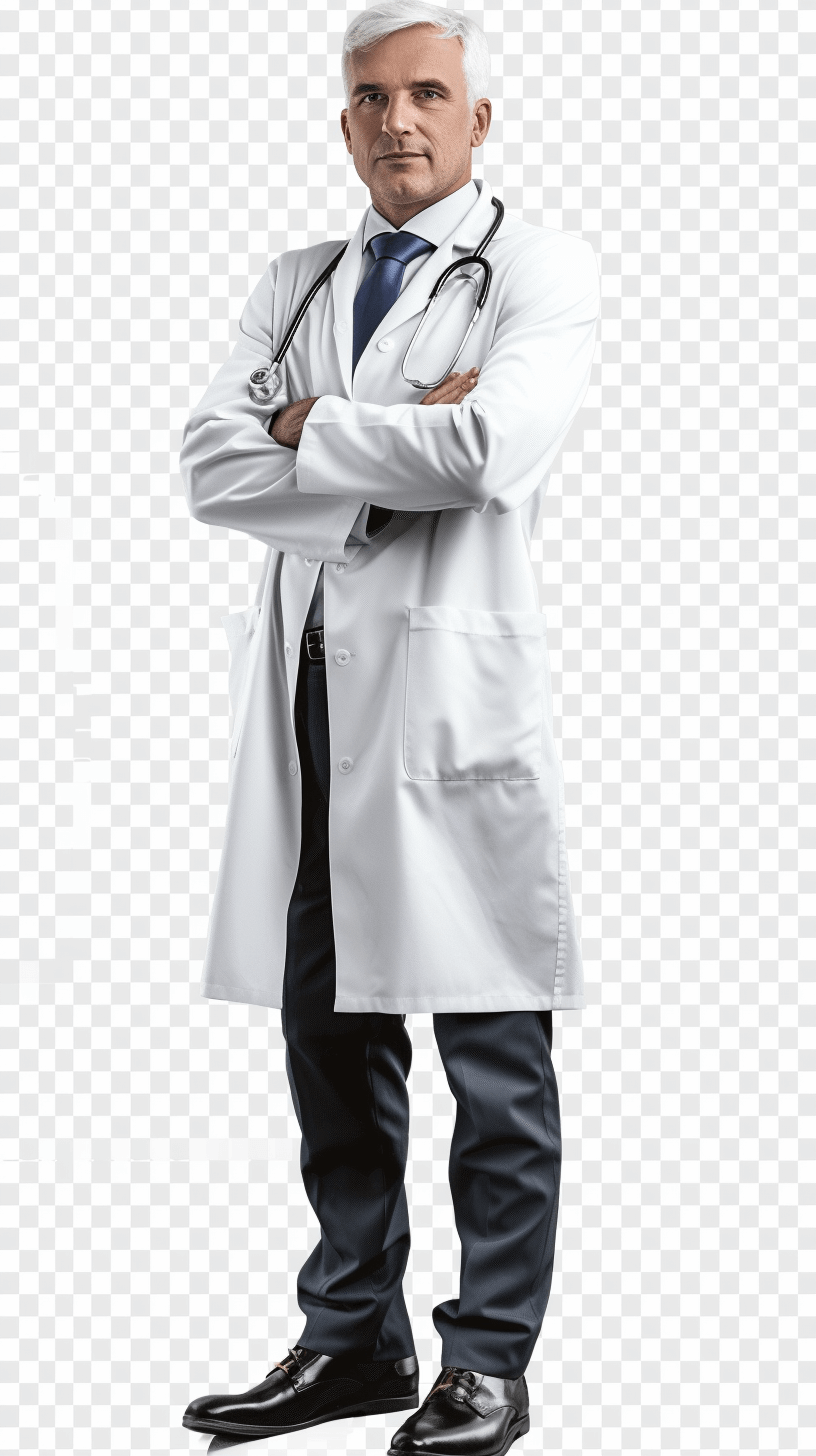 A middle-aged doctor in a white coat, standing with arms crossed and looking at the camera isolated on a transparent background, full body portrait photography realistic, high resolution digital picture taken in the style of canon dslr camera, sharp focus.