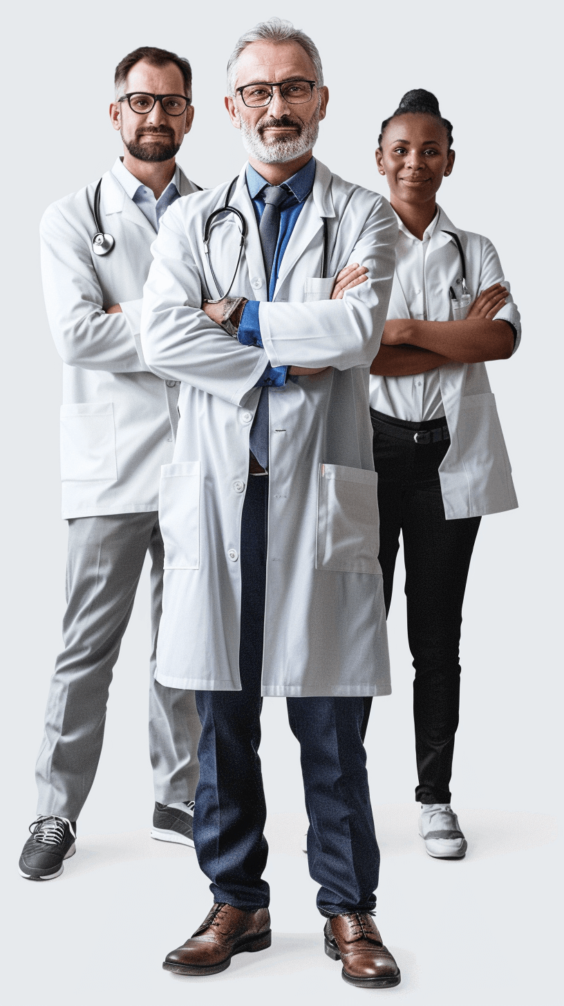 A full body photo shows an elderly male doctor standing with his arms crossed. He wears a white coat and shoes. Flanking him are two young doctors, a female black woman in her thirties dressed as a medical nurse and a man around 40 years old. They all stand against a plain background. The photo was taken from the front with a wide angle lens, in the style of a group portrait.