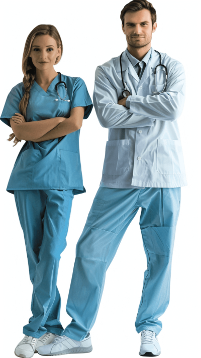 photorealistic full body photo of two young and attractive doctors, one male in blue scrubs with his arms crossed over his chest, the other a female nurse wearing a light teal scrub top and pants, white shoes, standing side by side on an isolated background, in the style of stock photography, high resolution, high detail, high contrast, with professional color grading, on a white background