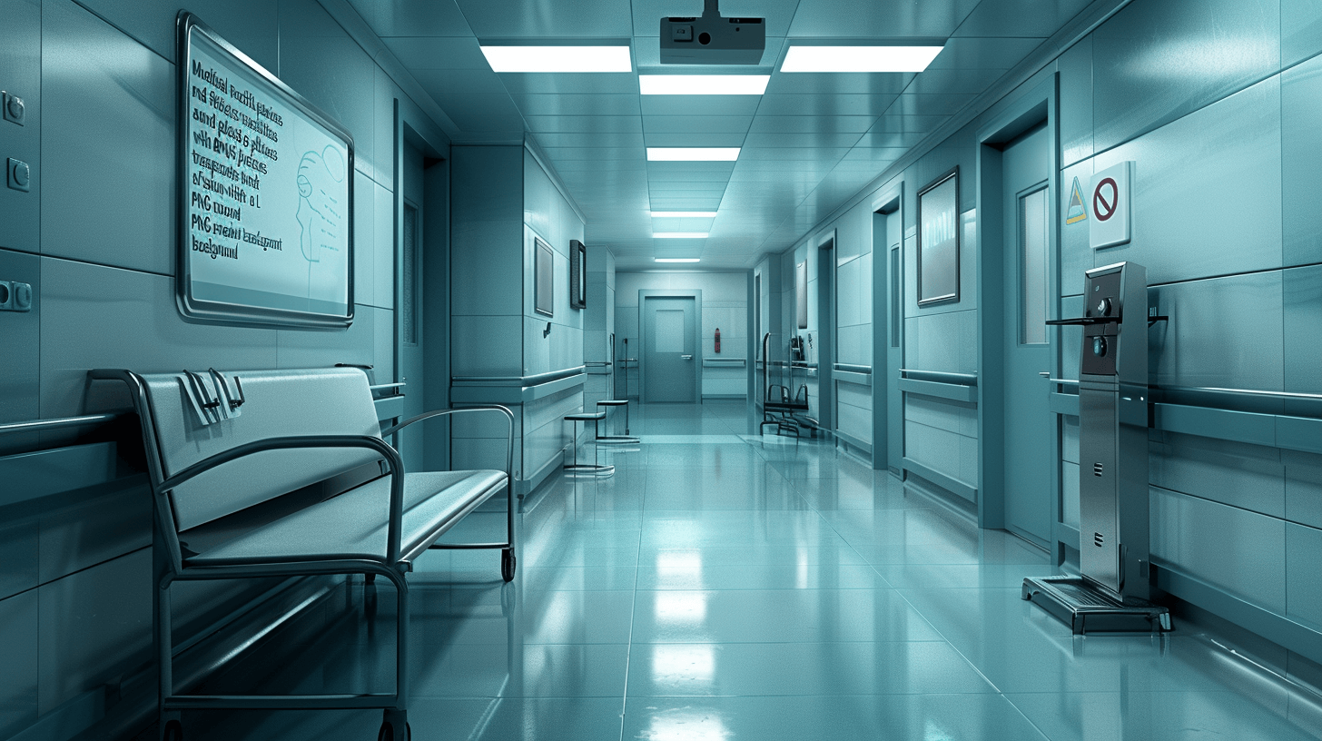 A hospital corridor with medical equipment and empty chairs, rendered in a realistic style with a focus on lighting and shadows to create an atmosphere of foreboding. The color scheme is cool blue tones, emphasizing the starkness and ominous nature of healthcare settings.