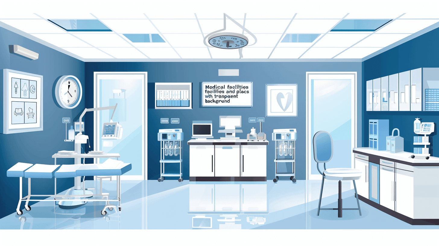 Medical facility interior vector illustration with transparent background, featuring an operating room. Vector Illustration of a contemporary medical center in blue and white tones. The scene includes modern equipment such as monitors, cabinets, chairs, gloves on shelves, instruments, tubes, glass containers, doors, windows, mirrors, with wall hanging framed artwork or posters depicting health care concepts in the style of various artists.