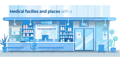 medical facility and places with transparent background " vector illustration flat style, simple design, simple lines, white space in the middle of two colors, simple color blocks, front view, blue tone, medical equipment, a reception desk inside a hospital building with an information board above it. A wall on one side is made up entirely of shelves filled with various medicine bottles. The text reads "Krizhantly", "Odontologist office". Clean, modern interior in the style of minimal editing.