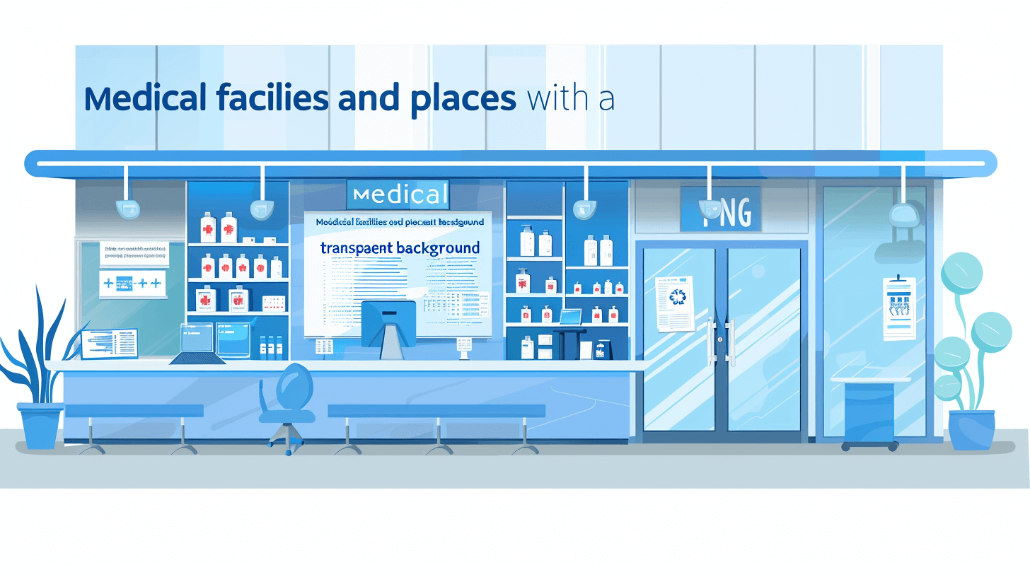 medical facility and places with transparent background ” vector illustration flat style, simple design, simple lines, white space in the middle of two colors, simple color blocks, front view, blue tone, medical equipment, a reception desk inside a hospital building with an information board above it. A wall on one side is made up entirely of shelves filled with various medicine bottles. The text reads “Krizhantly”, “Odontologist office”. Clean, modern interior in the style of minimal editing.