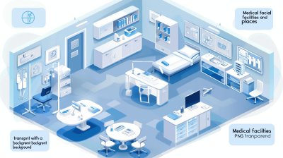 Digital illustration of a medical facility with transparent background, featuring isometric illustrations in blue and white colors. The composition includes the interior design of various room types such as a waiting area, doctor's office, laboratory, operating room, in the style of tiltshift lens, in the style of 2D game art, as flat vector graphics. It has callouts to highlight key elements like furniture, equipment, data screens for information display.